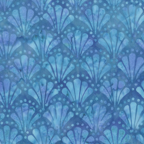 Moda Fabrics Mermaid Batiks Moda Pool Blue, batik fabric with a shell and dot pattern in shades of blue.