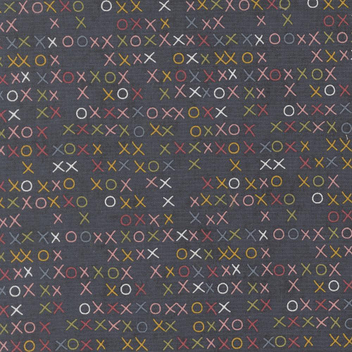 Moda Fabrics Fieldrush BasicGrey Larkspur Floral Larkspur Portobello Blue, colorful X and O pattern on dark background.