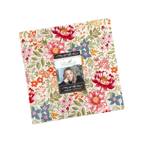 Moda Fabrics Fieldrush BasicGrey Ten Inch Squares Layer Cake, colorful floral fabric squares with pink, red, blue, yellow, and green patterns on a white background.