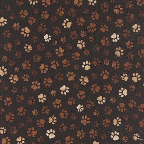 Timeless Treasures Fabrics I Love My Dog Paw Prints Mud, fabric with a pattern of brown and beige paw prints on a dark background.