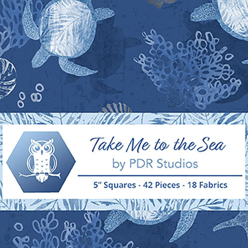 Lumin Fabrics White Owl Textiles Take Me To The Sea Charm Squares Five Inch, fabric packaging with ocean-themed sea creatures design in blue shades.