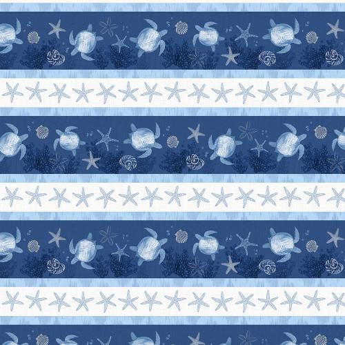 Lumin Fabrics White Owl Textiles Take Me To The Sea Blue Sea Turtles Starfish Repeating Stripe, a nautical fabric pattern featuring sea turtles, starfish, seashells, and coral in shades of blue and white.