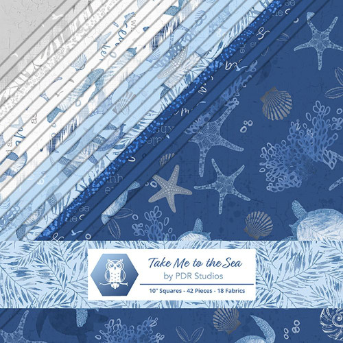 Lumin Fabrics White Owl Textiles Take Me To The Sea Layer Cake Ten Inch Squares, fabric collection featuring various shades of blue with oceanic and nautical patterns including starfish, shells, and seaweed.