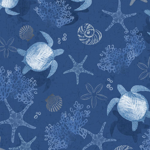 Lumin Fabrics White Owl Textiles Take Me To The Sea Sea Turtles Starfish Coral Pacific Blue, sea turtle, starfish, coral pattern on blue fabric.
