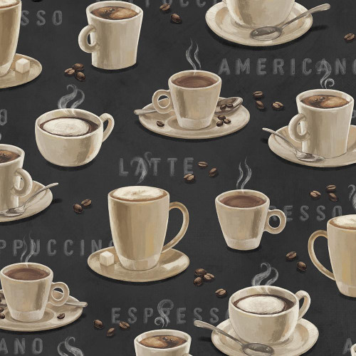 Lumin Fabrics White Owl Textiles Coffee Co Janelle Penner Brown Cups of Coffee, a pattern featuring various coffee cups on saucers with steam, coffee beans, and handwritten coffee-related words on a dark background.