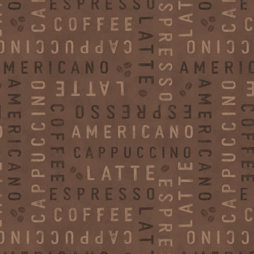Lumin Fabrics White Owl Textiles Coffee Co Janelle Penner Brown Tan Coffee Words fabric pattern, featuring various coffee-related words in different fonts and shades on a brown background.