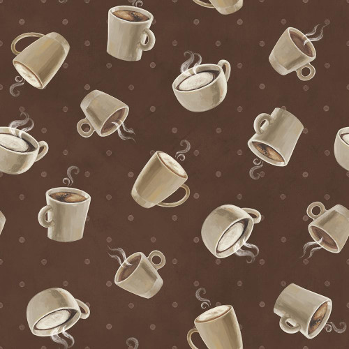 Lumin Fabrics White Owl Textiles Coffee Co Janelle Penner Brown Espresso Tossed Cups of Coffee, seamless pattern with steaming coffee cups on a dark brown background.