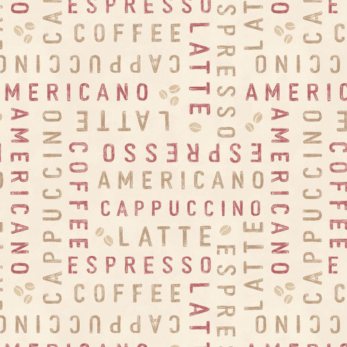 Lumin Fabrics White Owl Textiles Coffee Co Janelle Penner Cream Red Brown Coffee Words fabric design with coffee-related words and coffee bean illustrations.