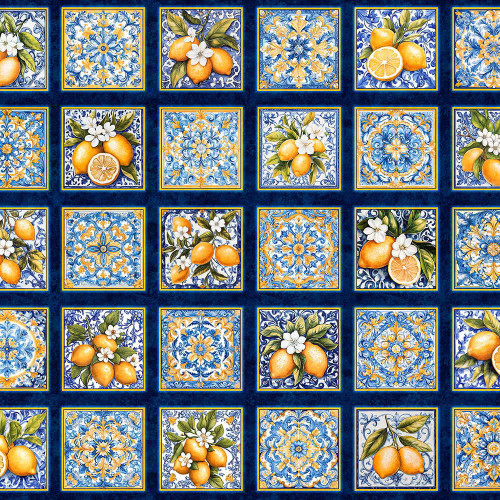 Quilting Treasures Fabrics Citrus Bliss Dan Morris Creative Blue Yellow 6 Inch Italian Tiles, vibrant ceramic tile-inspired fabric pattern featuring lemons, floral motifs, and ornate blue and yellow designs.