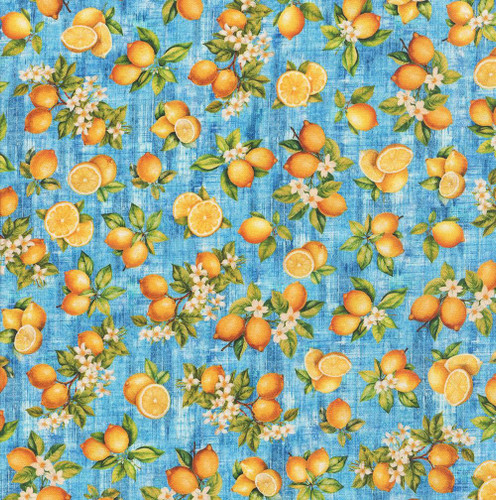 Quilting Treasures Fabrics Citrus Bliss Dan Morris Creative Blue Yellow Lemons, vibrant fabric featuring yellow lemons, green leaves, white blossoms, and blue textured background for quilting and craft projects.