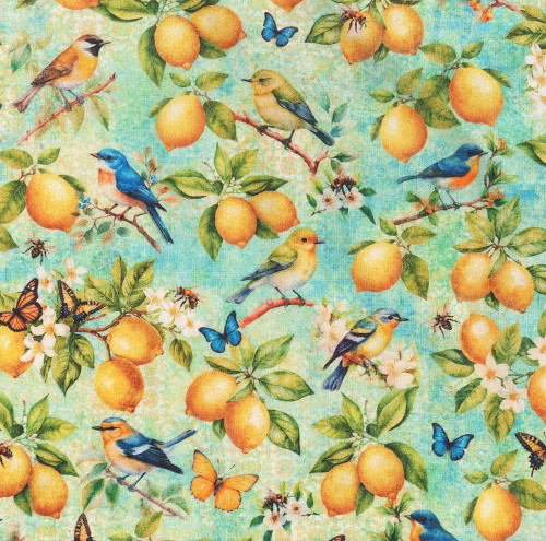 Quilting Treasures Fabrics Citrus Bliss Dan Morris Creative Aqua Yellow Green Birds Lemons, colorful fabric with lemons, birds, butterflies, and blossoms on a green and blue background.
