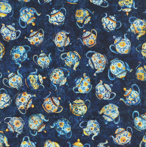 Quilting Treasures Fabrics Citrus Bliss Dan Morris Creative Navy Blue Yellow Blueware Teapots