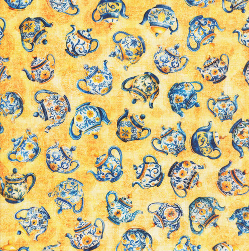 Quilting Treasures Fabrics Citrus Bliss Dan Morris Creative Yellow Blue Blueware Teapots