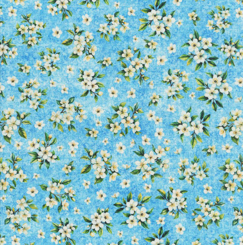 Quilting Treasures Fabrics Citrus Bliss Dan Morris Creative Blue Lemon Blooms, blue fabric with white lemon blossom flowers and green leaves pattern.