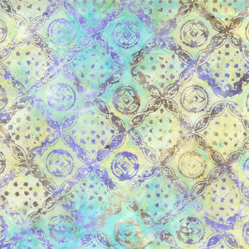 Timeless Treasures Fabrics Tonga Batiks Mermaid Surf Blue Yellow Ribbon Trellis, colorful batik fabric with intricate floral and geometric patterns in shades of blue, yellow, and green.