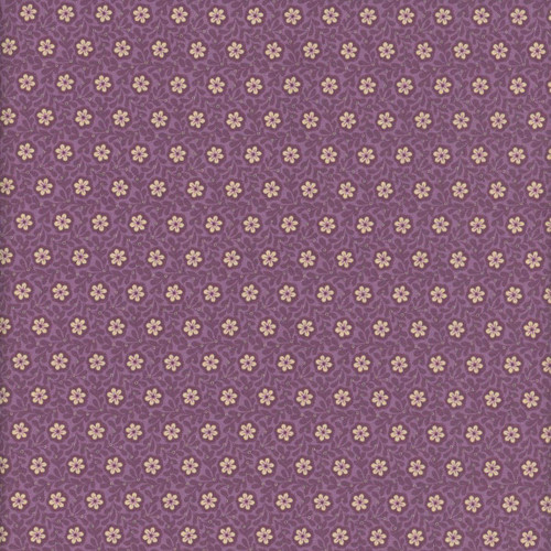 Marcus Fabrics Timeless Stitches Lynn Wilder Foulard Purple, intricate purple fabric with a delicate floral and leaf pattern in light yellow and lavender shades.
