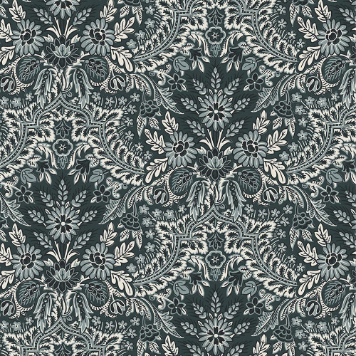 Marcus Fabrics Moon Washed Kristina Trogdon Garden Floral Frame Damask Navy, detailed navy floral damask pattern with intricate white floral and leaf motifs.
