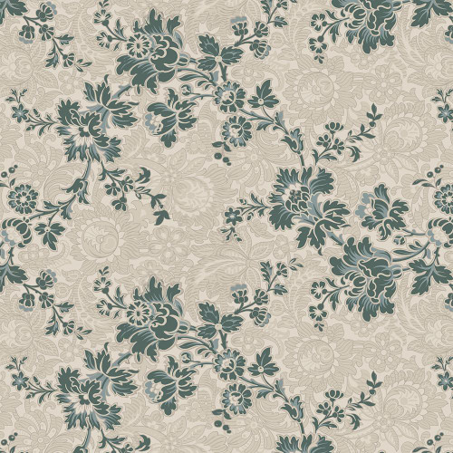 Marcus Fabrics Moon Washed Kristina Trogdon Vines Jacobean Floral Damask Beige, fabric with a floral and vine pattern in beige and dark blue colors.