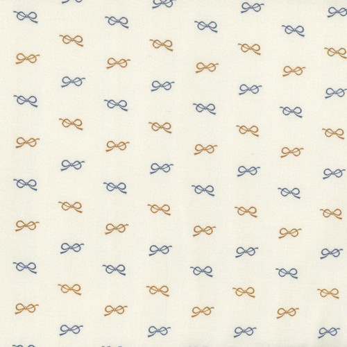 Marcus Fabrics Kindred Konversations Sheryl Johnson Bow Cream, fabric pattern featuring small bow designs in cream, blue, and brown colors.