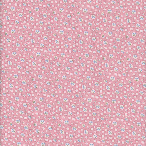 Marcus Fabrics Aunt Grace Rock My Baby Judie Rothermel Flower Pink, pink floral fabric with small white, blue, and purple flowers pattern.