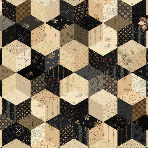 Marcus Fabrics Black Sheep Cottons Pam Buda Stars Black, fabric with a geometric hexagon pattern in black, beige, and cream colors with star and floral motifs.