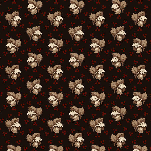 Marcus Fabrics Black Sheep Cottons Pam Buda Berry Garden Black fabric with a floral pattern of leaves, berries, and ladybugs in shades of brown, beige, and red.