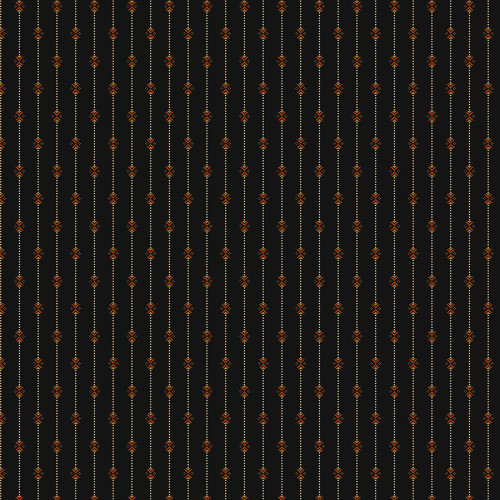 Marcus Fabrics Black Sheep Cottons Pam Buda Bowtie Stripe Black, a fabric with a black background featuring a repeating bowtie stripe pattern in orange, yellow, and white colors.