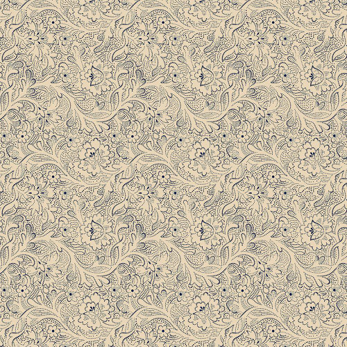 Marcus Fabrics Anna Bs Indigos Carrie Quinn Tulip Vine Beige, a detailed fabric pattern featuring navy blue floral and vine motifs on a beige background.