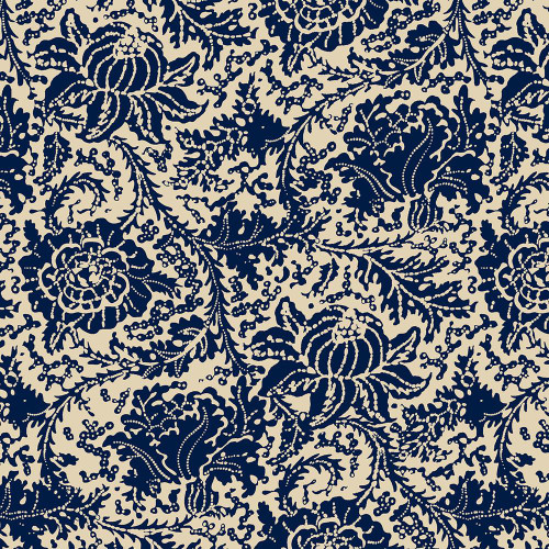 Marcus Fabrics Anna Bs Indigos Carrie Quinn Floral Navy, a floral fabric pattern in navy blue and beige with intricate floral and leaf designs.