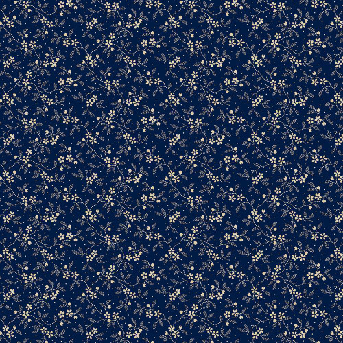 Marcus Fabrics Anna Bs Indigos Carrie Quinn Floral Toss Navy, fabric with a navy background and white floral and vine pattern.