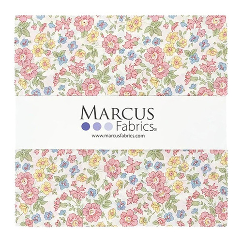 Marcus Fabrics Aunt Grace Rock My Baby Judie Rothermel Layer Cake Ten Inch Squares, floral fabric with pink, yellow, blue, and green colors.