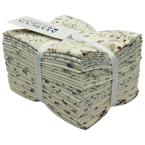 Marcus Fabrics Kindred Konversations Sheryl Johnson 16 Fat Quarters, bundle of printed fabric squares with various patterns, tied with a white ribbon.