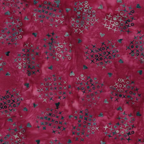 Island Batik Fabrics Missing You Patriotic Batiks Pink Red Cross Stitch Hearts, a vibrant fabric featuring patriotic cross-stitch hearts in pink and red on a textured pink background.