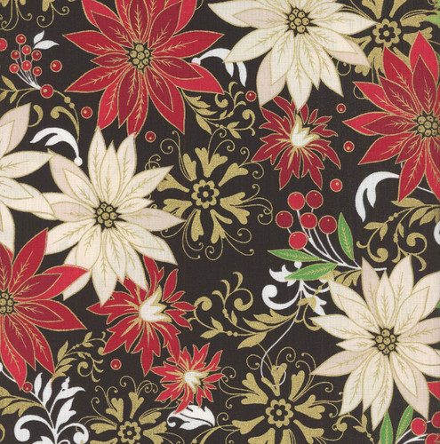 Benartex Fabrics Holiday Nouveau Black Jacobean Poinsettia