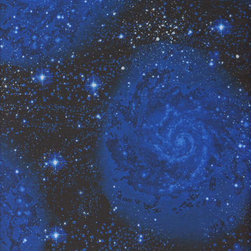 Benartex Harry Potter 60 Inch Magical Minky Royal Blue, a fabric with a swirling galaxy and star pattern in shades of blue and black.