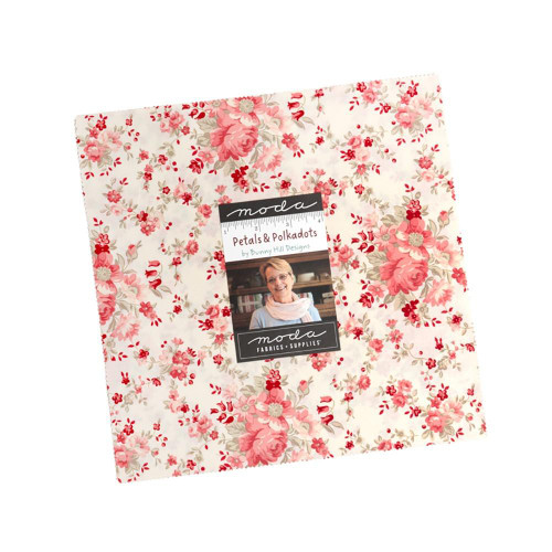 Moda Fabrics Petals And Polka Dots Bunny Hill Designs Layer Cake Ten Inch Squares, floral print fabric featuring pink and red flowers with beige and green accents on a white background.