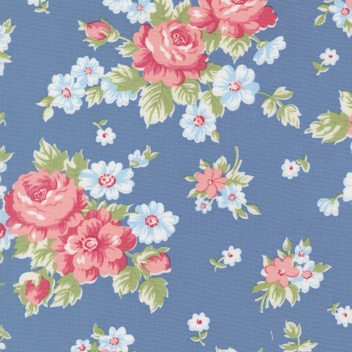 Moda Fabrics A Cat Named Stitch Camille Roskelley Cabbage Rose Floral Blue Blue