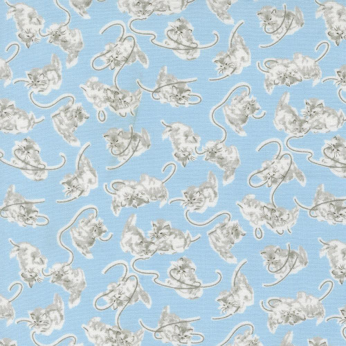 Moda Fabrics A Cat Named Stitch Camille Roskelley Georgie Cats Kittens Sky Blue, fabric featuring playful grey and white cats and kittens on a sky blue background.