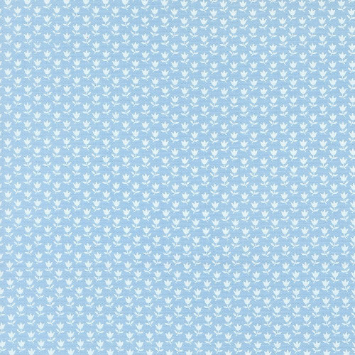 Moda Fabrics A Cat Named Stitch Camille Roskelley June Small Tulip Floral Sky Blue, floral fabric with small white tulip patterns on sky blue background.