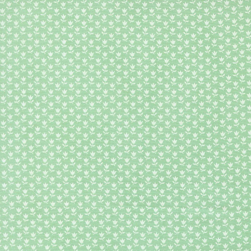 Moda Fabrics A Cat Named Stitch Camille Roskelley June Small Tulip Floral Green, small white tulip floral pattern on a green background.