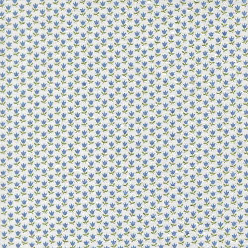 Moda Fabrics A Cat Named Stitch Camille Roskelley June Small Tulip Floral Cream Blue, a fabric with small blue tulip and green leaf pattern on a cream background.