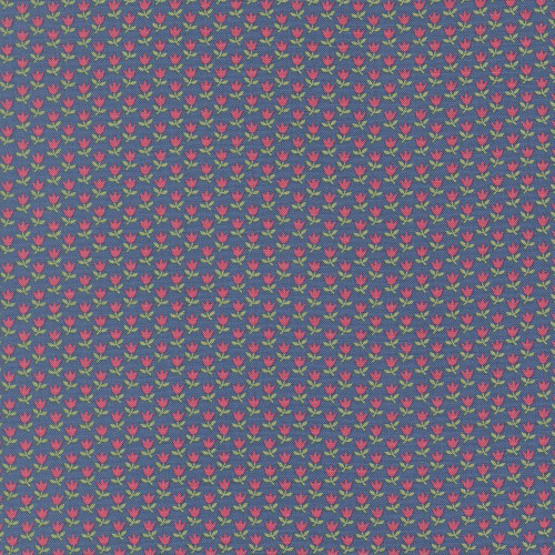 Moda Fabrics A Cat Named Stitch Camille Roskelley June Small Tulip Floral Sea Blue, fabric with a small pink and purple tulip floral pattern on a sea blue background.