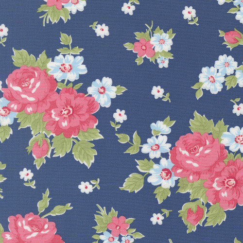 Moda Fabrics A Cat Named Stitch Camille Roskelley Cabbage Rose Floral Sea Blue