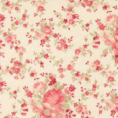 Moda Fabrics Petals And Polka Dots Bunny Hill Designs Blossoms Flowers Lace Pink Red, fabric with pink and red floral pattern on a cream background.