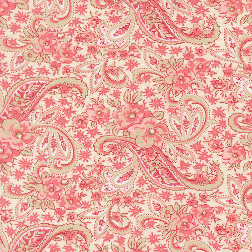 Moda Fabrics Petals And Polka Dots Bunny Hill Designs Pretty Paisley Lace Pink Red, detailed floral and paisley patterned fabric in shades of pink, red, and cream.