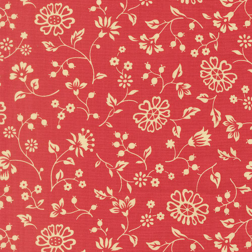 Moda Fabrics Petals And Polka Dots Bunny Hill Designs Flowers Tea Rose Pink, floral fabric pattern with cream-colored flowers and leaves on a pink background.