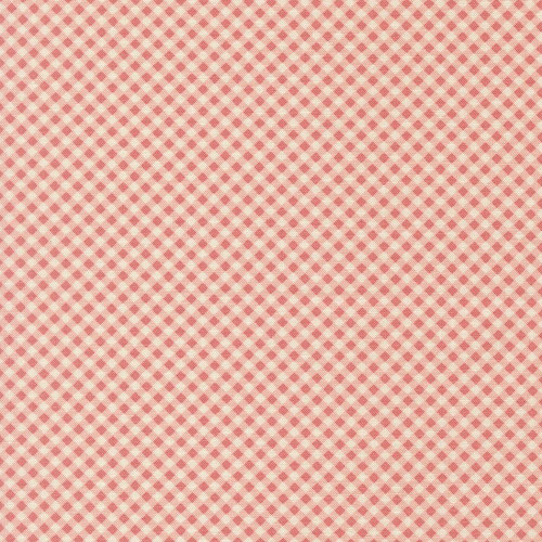 Moda Fabrics Petals And Polka Dots Bunny Hill Designs Gingham Check Blush Pink, pink and cream gingham check fabric with a petal and polka dot pattern.