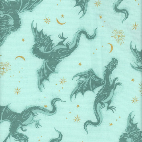 Moda Fabrics Fireglow Ruby Star Society Sarah Watts Etched Dragons Metallic Mint Aqua