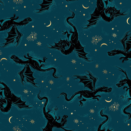 Moda Fabrics Fireglow Ruby Star Society Sarah Watts Etched Dragons Metallic Galaxy Blue, a fabric featuring black dragon illustrations with metallic gold accents and celestial elements on a deep blue background.