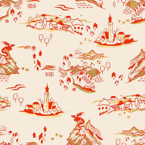 Moda Fabrics Fireglow Ruby Star Society Sarah Watts Middle Earth Mountain Town Metallic Dark Ruby Natural, fabric with a scenic mountain village and dragon design in dark ruby, metallic accents, and natural tones.